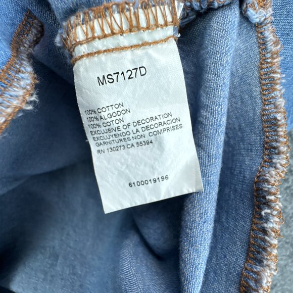 Wrangler Pearl Snap Denim Shirt Mens Medium Blue Western Cowboy Rodeo Raw Hem - Picture 9 of 16